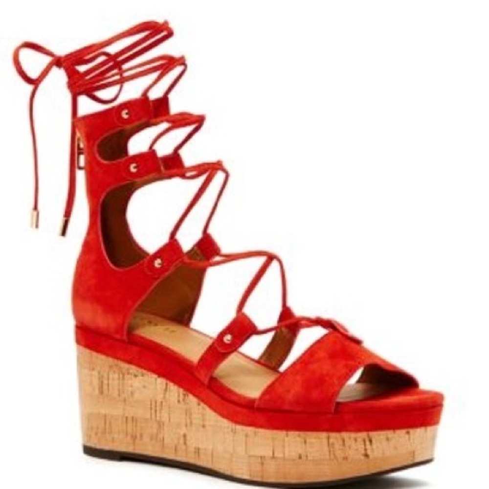 Coach Barkley Suede Ankle Wrap wedge Sandal. NWB SIZE 7.5. Color Orange